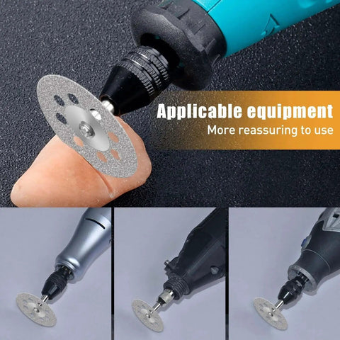 20 Piece Diamond Cut Off Wheel Set 22 Mm For Dremel And Rotary Tools With 3 Mm Mandrel and screwdriver, metal cutting and grinding tool in use.