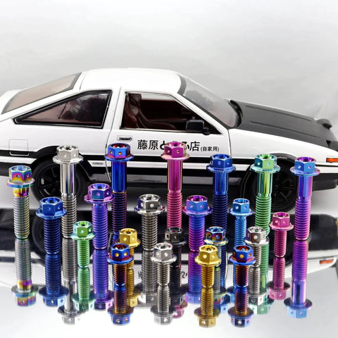 Burnt Blue Titanium Hex Head Flange Bolts M6x12mm Pack Of 5 GR5 Ti6Al4V with reflective car backdrop