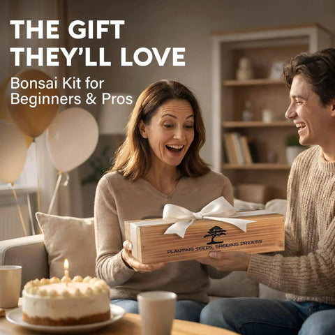 Woman receiving Beginner Bonsai Starter Kit With 5 Unique Japanese Bonsai Tree Seeds Complete Indoor Bonsai Growing Set as a gift.