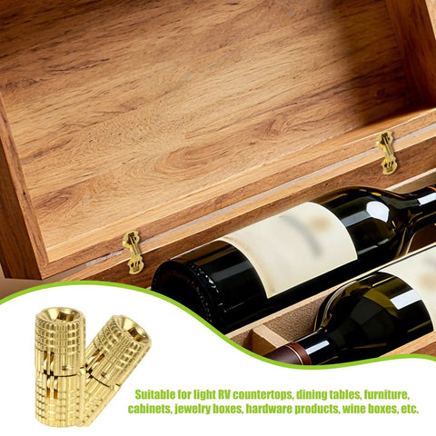Hidden Barrel Hinges Set Eight Pack With Sixteen Screws For Cabinets And Furniture Concealed 180 Degree Opening Copper Hardware installed on a wooden box.