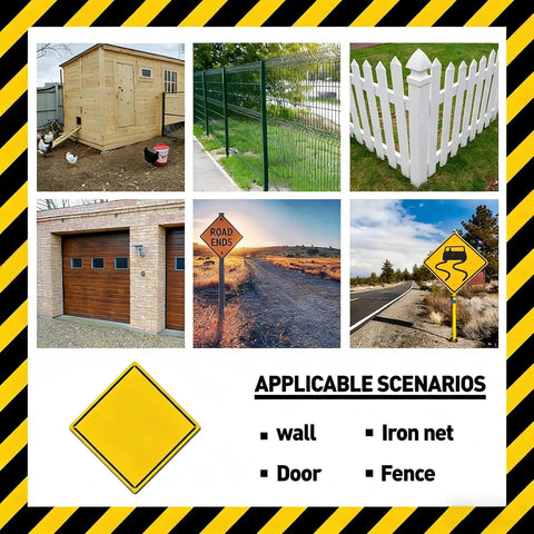 Collage of various outdoor fencing and road sign scenarios, including a wooden shed, metal fence, picket fence, garage, and road signs.