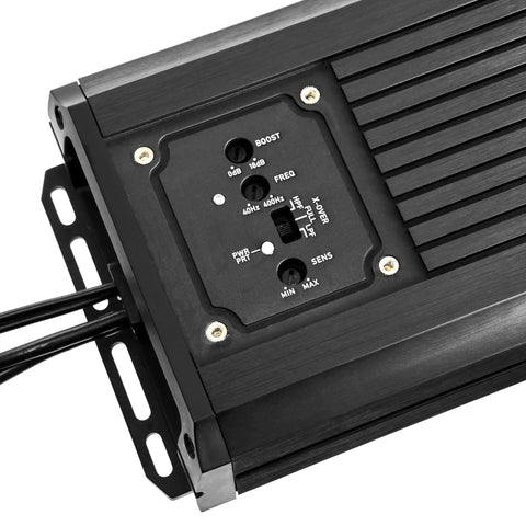 Close-up of control panel on Beefy 600W RMS Two Channel Marine Amplifier With 1200W Peak Bridgeable Micro Class D IPX67 Waterproof.