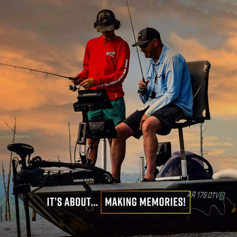 Two anglers fishing on a boat using Hammer Crappie Fishing Kit, 52 Piece Bait Set With Durable Soft Plastic Lures.