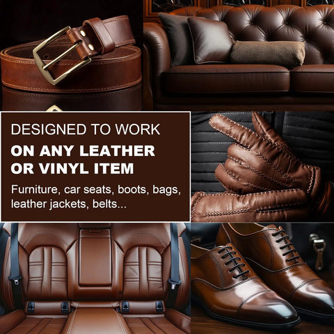 Collage of dark brown leather items: couch, belt, gloves, car seats and shoes, showcasing the Dark Brown Leather Recoloring Balm for Furniture Repair and Restoration.