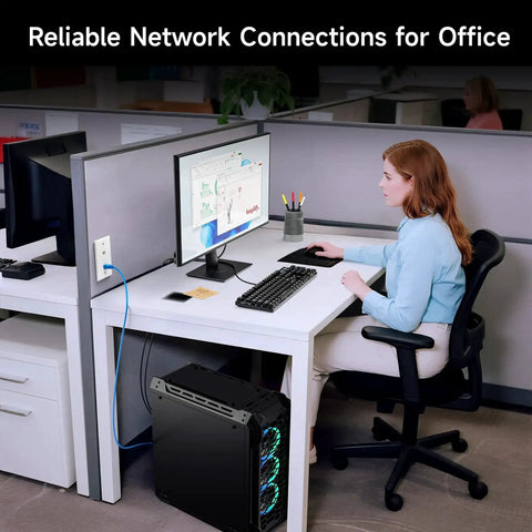 Office setup using 25 Pack Cat6 Keystone Jacks 10Gbps RJ45 Ethernet Modular Jacks White With Punch Down Stand For Patch Panels