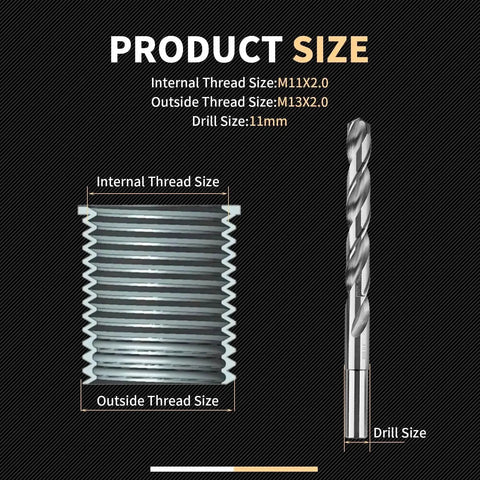M11x2.0 Thread Repair Kit With Stainless Steel Inserts For Cars And Trucks, size chart showing thread and drill dimensions.