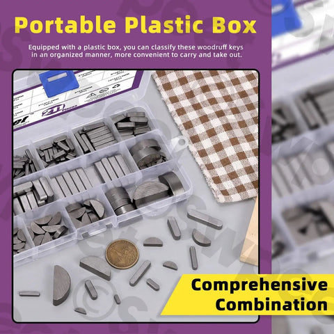 Metric Woodruff Key Assortment Kit With 211 Pieces In 15 Sizes for woodruff semicircle keys organized in a clear plastic box