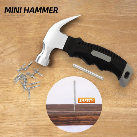 All In One DIY Baseboard Nail Kit With 200 Double Head Skirting Nails, Mini Claw Hammer and tool on wooden surface