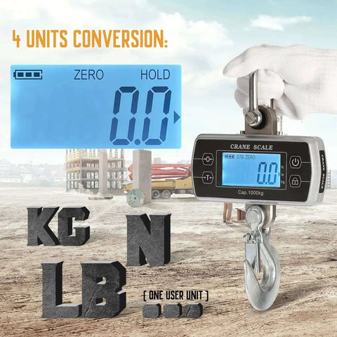 Digital Crane Scale 2200 Pound Capacity Heavy Duty Hanging Scale for farms with display showing units kg, lb, N, custom