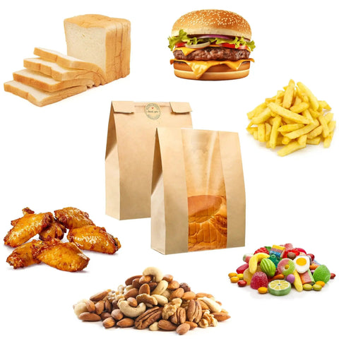 Large Fifty Pack Bread Bags For Homemade Bread With Window Fifty Percent Thicker Tear Resistant 13.7x8.3x3.7in Bakery Bags displayed with food items