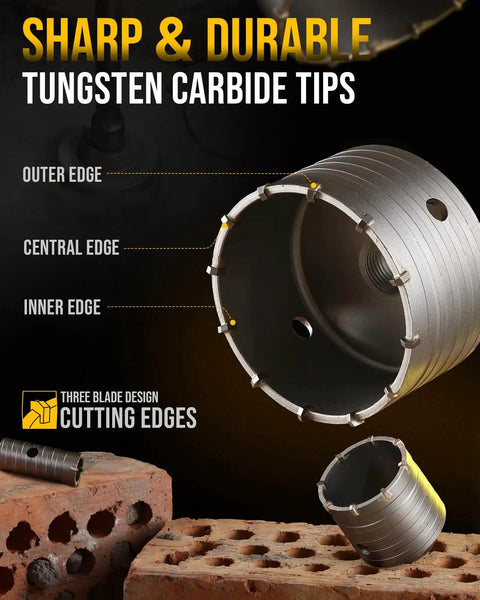 Close-up of 13 Piece Concrete Hole Saw Kit with Tungsten Carbide Bits 30mm to 110mm masonry hole saws cutting brick and walls.