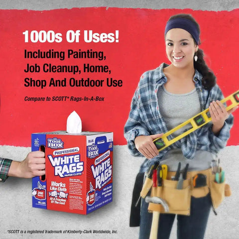 Person holding tool near 200 count box of white rags for painting and job cleanup in shop use, Painters Rags And Shop Towels 200 Count White Center Pull Box Provides Heavy Duty Absorbent Wipes For Paint Cleanup And General Messes Great For Grab And Go Cleanups On The Jobsite And In The Shop Use 1 Box 200 Towels Made In The United States