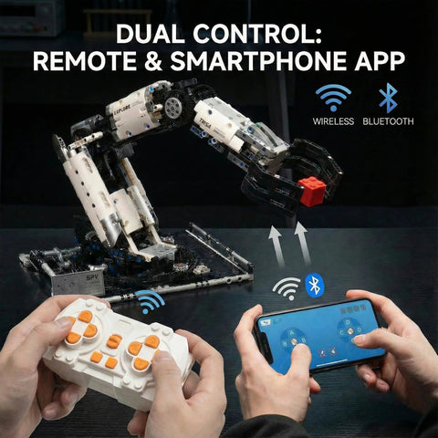 STEM educational robotic arm building kit with white frame, orange remote, and smartphone app control.