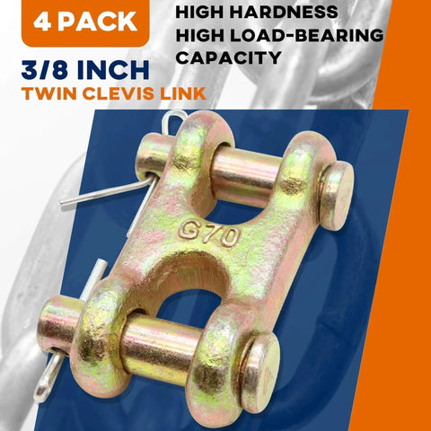 Image of a 3/8 Inch Twin Clevis Link from a Pack of 4, alloy steel with zinc plating, showing high load-bearing capability for safety chains.