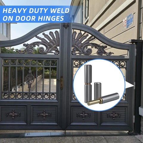 Heavy Duty Weld On Barrel Hinge Set Of 4 For Metal Swing Doors shown on decorative metal gate