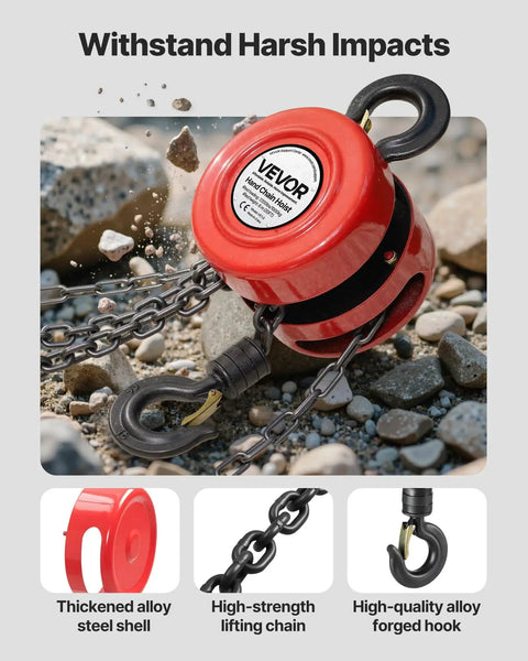 One Ton Hand Chain Hoist With Galvanized G70 Chain 20 Ft Lift For Garage showing red casing and steel chain