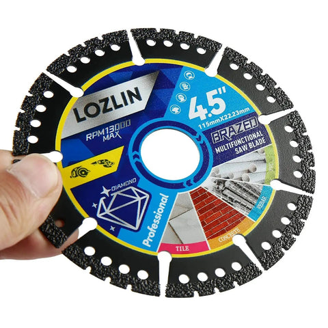Hand holding Versatile 3 Pack 4.5 Inch Diamond Multi Purpose Saw Blades For Angle Grinder Heavy Duty Cutting Marble Quartz Tile Stone Metal Plastic 0.87 Inch Arbor 0.05 Inch Kerf Durable Construction
