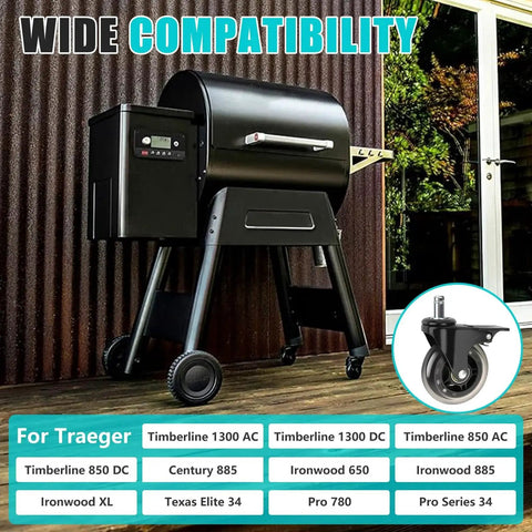 Outdoor grill with 3 Inch Swivel Caster Wheel With Brake Replacement For Pellet Grills HDW302 Universal Compatibility prominently displayed