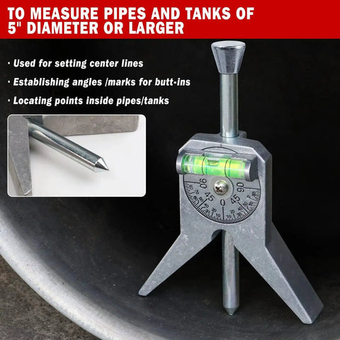 Versatile Pipe Center Finder Anblak Pipe Fitting Tool displayed with centering head, dial bubble protractor, and 4-inch Y-type base.