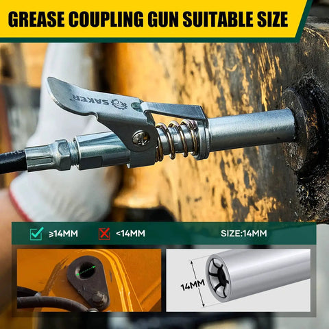 Upgraded 14000 PSI Grease Gun Coupler with Locking Sealing Jaws, installed on 14mm fitting, zinc-coated alloy steel