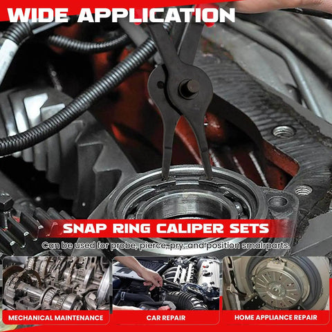 All Purpose Snap Ring Pliers Set For Automobiles, Lawn Mowers, And Farm Equipment demonstrating use on car engine assembly