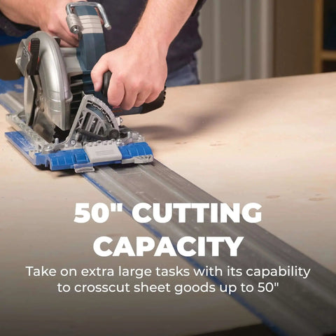 Accu Cut Circular Saw Track System by Kreg in use, cutting along a track for precise, straight cuts up to 50 inches on wood.