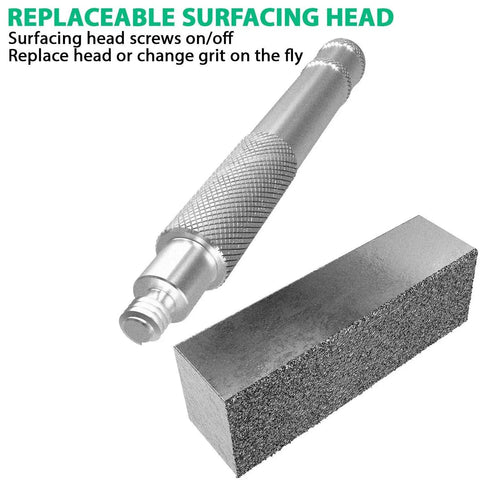 Grinding Wheel Dresser Tool For Trueing And Restoring Grinding Wheels With 36 Grit And 120 Grit Diamond Dresser That Removes Loaded Material Trueing The Wheel Surface Reduces Heat Build Up And Improves Finish ATLIN Pro Grade Kit close-up of replaceable surfacing head and grit block