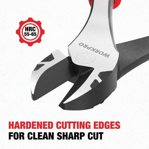 Close-up of Workpro Eight Inch High Leverage Diagonal Pliers For Wire Cutting With Precision Bevel Edges and labeling.