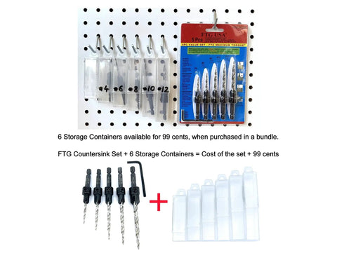 Pro Grade Countersink Drill Bit Set For Woodworking, 5 Pc Including Sizes 4, 6, 8, 10, 12, displayed with storage containers