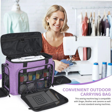 Portable Sewing Machine Case With Wheels And Shoulder Strap shown open next to user, highlighting storage pockets; compatible with Singer Brother Janome.