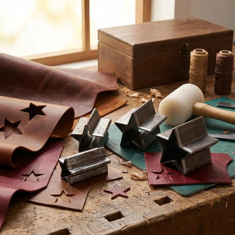 Star Shape Leather Cutting Dies Set Four Piece Alloy Steel Hollow Cutter Punch Tools with leather and storage box on a workbench.