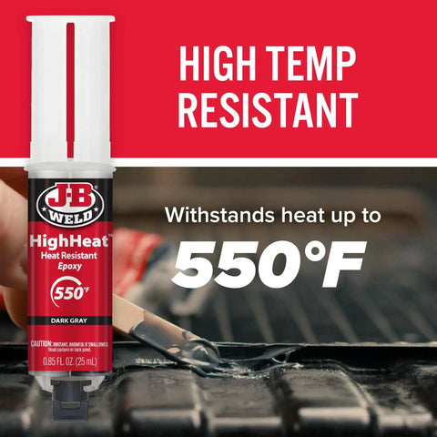 Close-up of High Heat Epoxy Syringe Kit for Metal and Plastic Repairs, 1:1 Two-Part Formula, withstands heat up to 550°F.