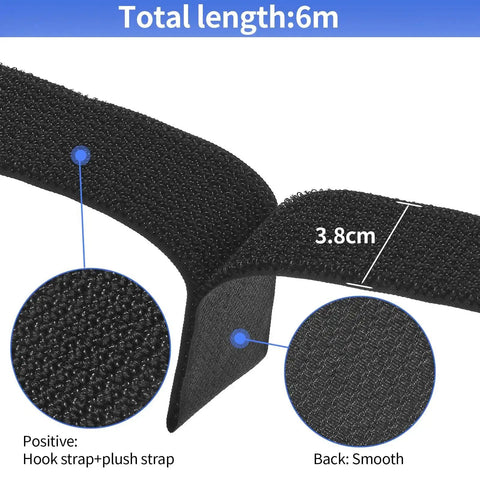Black heavy duty nylon cinch strap with hook-and-loop fasteners, 6m total length and 1.5in width for securing gear.