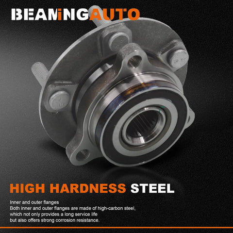 2 Pack Front Or Rear Wheel Bearing And Hub Assembly For Hyundai And Kia 2017 Through 2023 Elantra Forte Kona Ioniq Niro Seltos And Veloster With ABS 5 Lug 513420 Durable Precision Fit For Your Ride, close-up view of metal hub with high hardness steel.