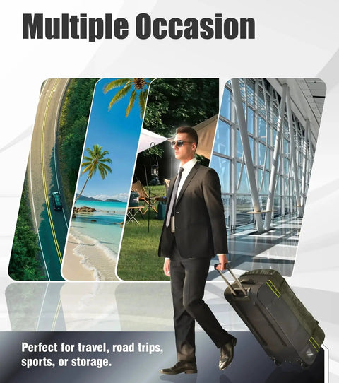 Man with 100L Extra Large Rolling Duffel Bag With Wheels And Handle For Business Travel And Student Relocation Heavy Duty 1600D PVC.