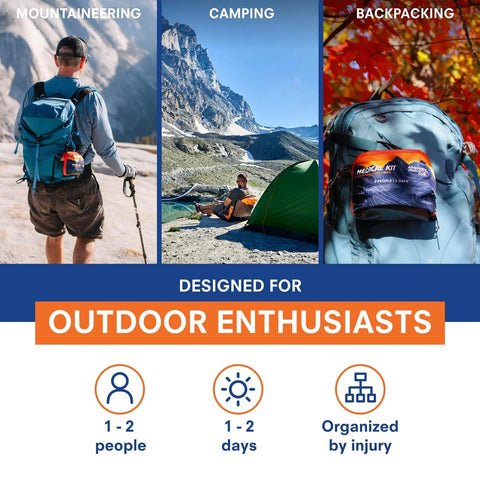 Collage of mountaineering, camping, and backpacking with Mountain Series Must Have Hiker First Aid Kit For Two People Two Days Outdoor Emergency Medical Kit