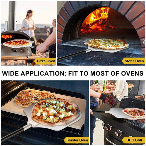 Heavy Duty Aluminum Pizza Peel With Extra Long Handle For Home And Commercial Ovens From 38 And A Half Inches To 49 Inches Painted Handle Includes Cutter Rocker Turning Tool Kit Joyfair shown with various oven applications in a kitchen setting.