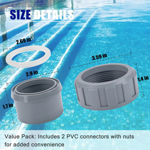 Two gray PVC connectors with nuts and a white gasket ring for 2-inch Raypak pool heater parts