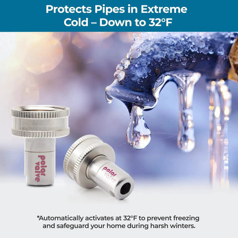 Smart Freeze Protection For Outdoor Faucets With Auto Temperature Control Twin Straight Type Unit Stainless Steel And Nitinol Build Tool Free Installation Winter Ready Water Saving Solution That Stays Flowing When Temps Drop By Polar Valve shown next to icicles on a spigot.