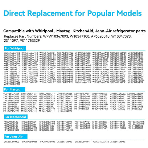 Compatibility chart for ColleRain WPW10347093 removable ice bin; lists Whirlpool, Maytag, KitchenAid, Jenn-Air models.