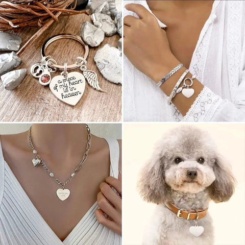 Heart Shaped 33mm Stainless Steel Stamping Blank Tag Pendants Set Of 10 With Snap On Bails For DIY Necklace And Earring Making 201 Stainless Steel Jewelry Charms Cheriswelry Go-To Gift For DIY Jewelry shown on bracelets, necklace, dog collar, and keychain.