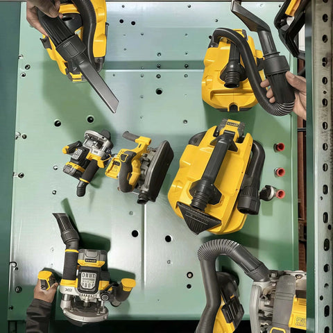 Setup with DeWalt vacuum hoses and tools using Universal No Fuss Quick Connector For Dust Extractors And Vacuum Hoses DWV9000.