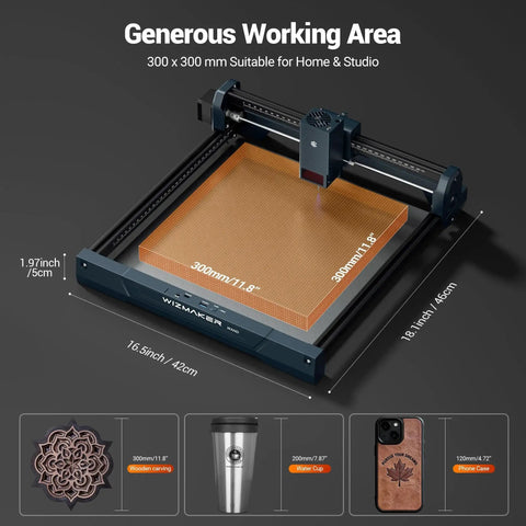 12W Desktop Laser Engraver For Wood, Leather, Acrylic And More, 300x300mm Work Area, showing its frame and operation area