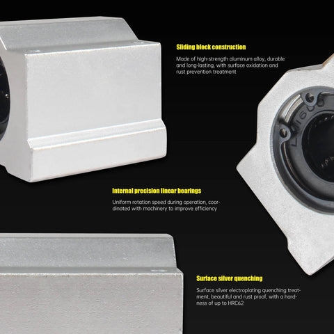 Close-up of Set Of Four 16mm Linear Bearing Pillow Blocks SCS16UU Closed Type in aluminum housing with black internal bearings.