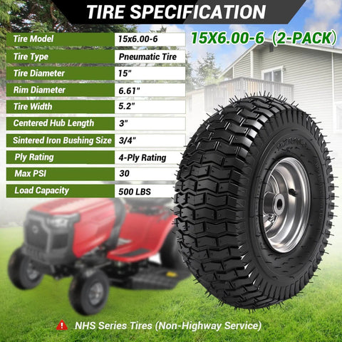 Two Pack Front Lawn Mower Tire And Wheel Assembly For Riding Mowers 15X6.00-6 Fits John Deere Craftsman Husqvarna With Three Quarters Inch Bushings And Three Inch Centered Hub 4 Ply 30 Psi Max