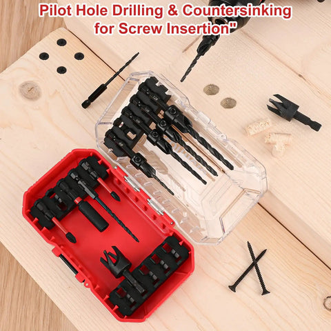 Woodworking Countersink Drill Bit Set 15 Piece Kit with M2 Cobalt HSS Tapered Bits and sturdy storage case on wooden board
