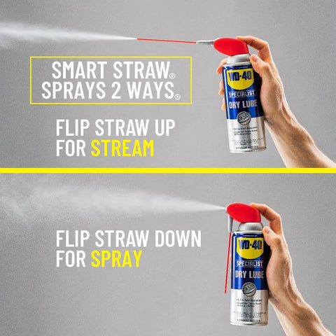Specialist Dry Lube With Smart Straw PTFE Spray For Power Tools And Machinery Reduces Friction And Wear On Blades Bits Tracks Slides Hinges Drills Lathes Table Saws And Conveyor Belts 10 Oz Twin Pack, showing straw up for stream and down for spray.