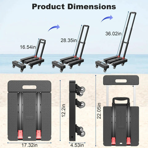 Dimensions of Beast Tough Folding Hand Truck 500 Lbs Dolly Cart showing folding stages, telescoping handle, and compact size.