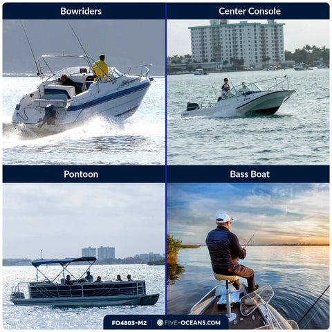 FO4803-M2 collage of four boats on the water: bowrider, center console, pontoon, bass boat.