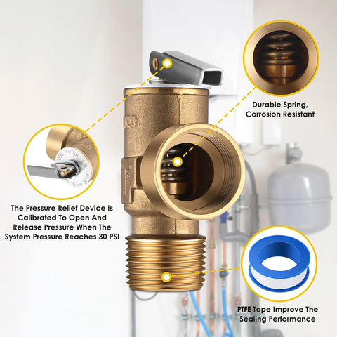 Gulfmew 30 PSI brass pressure relief valve, 3/4 in NPT threads, includes PTFE tape for hot and cold water systems